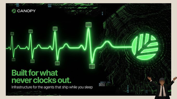 A dark green themed advertisement for 'CANOPY' with a glowing heartbeat/EKG line and text 'Built for what never clocks out. Infrastructure for the agents that ship while you sleep.'