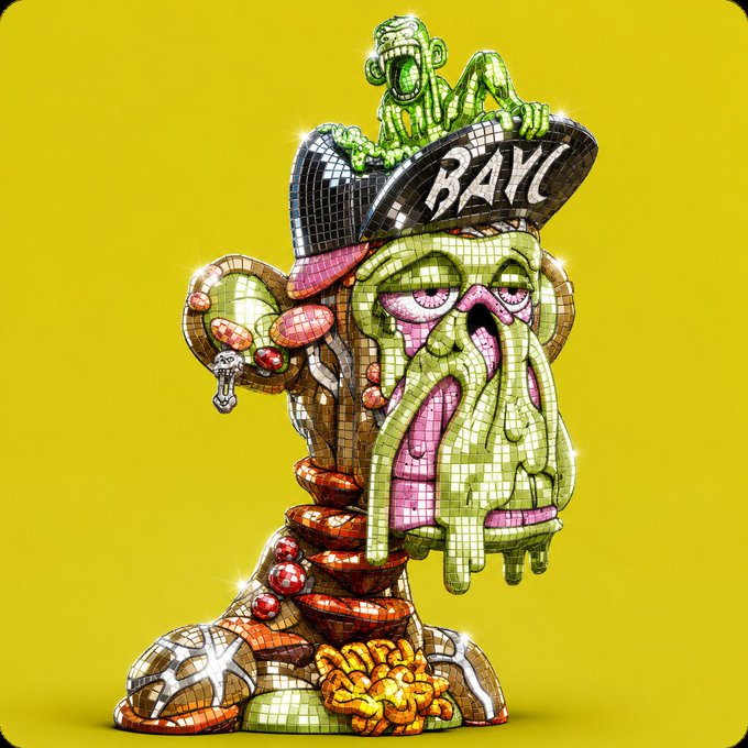 A cartoon pirate bust covered in glittering disco ball tiles wears a black hat reading "BAYC," with a small screaming green monkey perched on top, fitting a cheerful "Gm" vibe. The vibrant, mosaic-style artwork is set against a bright yellow background, embodying the playful energy of the Bored Ape Yacht Club NFT collection.