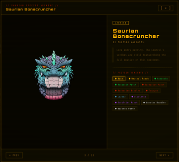 A digital profile page showing a 'Saurian Bonecruncher' NFT from the Genetic Records series, featuring a pixel-art style lizard-like creature with cyan spikes and a wide grin, alongside 15 faction variants on the right.