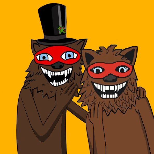 Two cartoon brown bear-like creatures with wide grinning teeth and red eye masks, one wearing a black top hat, posed against a bright yellow background.