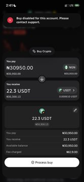 A cryptocurrency trading app screen displays a 'Buy Cryptos' transaction for 22.3 USDT at a rate of ₦30950.00, with 'Process buy' button visible at the bottom.