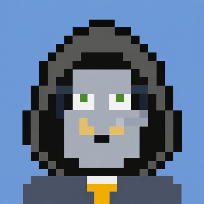 A pixel art portrait of a character with gray skin, a black hood, green eyes, and a small smile against a blue background.