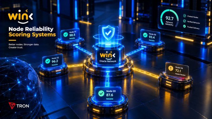 A promotional graphic for 'WINk Node Reliability Scoring Systems' on the TRON network, displaying various nodes (Node 01-05) with reliability scores ranging from 72.1 to 98.5.