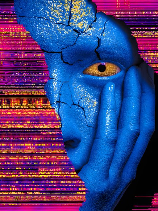 A surrealist artwork featuring a cracked blue face in profile with one yellow eye, set against a glitchy, vibrant pink, orange, and purple striped background.