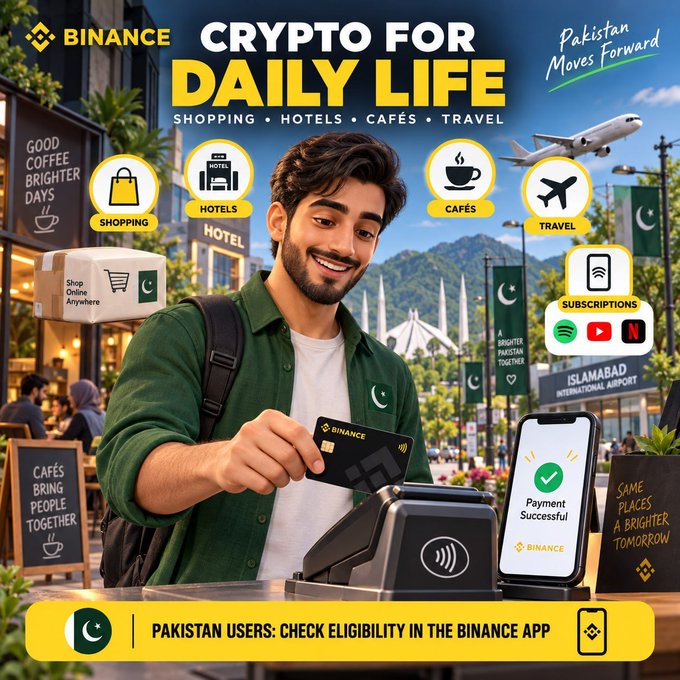 A Binance promotional advertisement featuring a young man holding a credit card and tapping to pay, with text reading 'CRYPTO FOR DAILY LIFE,' 'SHOPPING • HOTELS • CAFÉS • TRAVEL,' and 'Pakistan Moves Forward.'