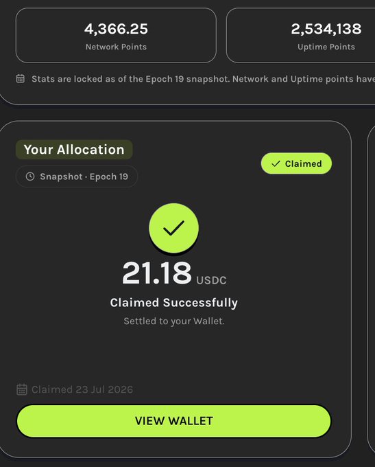A dashboard showing a successful claim of 21.18 USDC from "Your Allocation" (Epoch 19) with 4,366.25 Network Points and 2,534,138 Uptime Points, marked as "Claimed" and "Settled to your Wallet." The image illustrates the Grass Season 2 Airdrop rewards being successfully claimed, contrasting with users who experienced issues during the distribution.