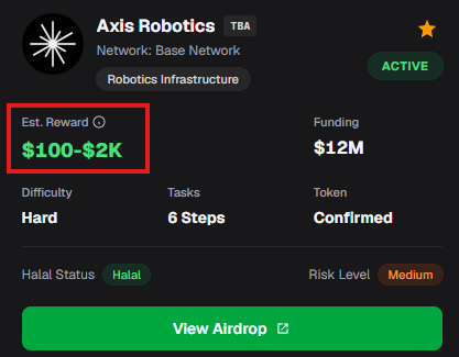 A project card for 'Axis Robotics' on Base Network, highlighted with an estimated reward of $100-$2K and a medium risk level.