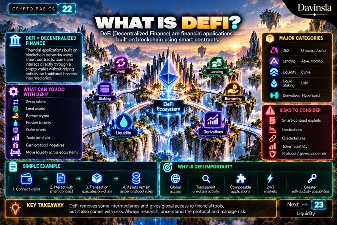 An educational infographic titled 'WHAT IS DEFI?' from Davinsla Crypto Basics #22, explaining decentralized finance applications, categories, risks, and a simple example workflow.