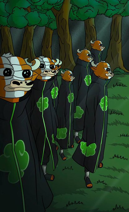 A group of anthropomorphic bull and cow characters wearing black cloaks with green cloud designs stand menacingly in a forest.