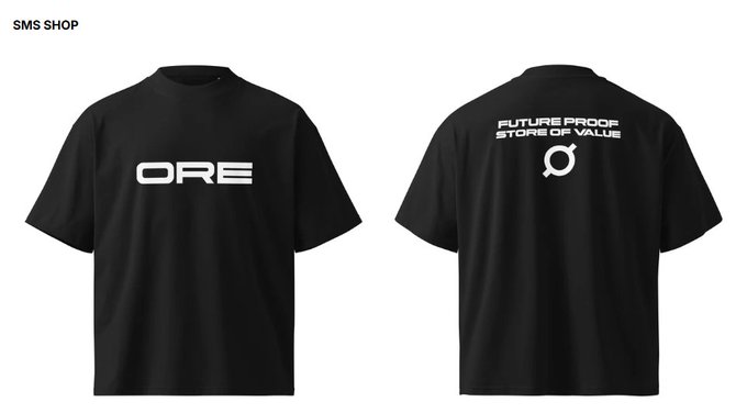 A black t-shirt displayed from both front and back angles, with 'ORE' printed on the front and 'FUTURE PROOF STORE OF VALUE' with a logo on the back, alongside 'SMS SHOP' text.
