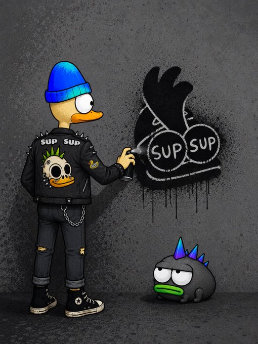 A digital illustration of a duck character in punk attire—blue beanie, spiked jacket, and skull patches—spray-painting a graffiti 'SUP SUP' rabbit logo on a wall, with a small spiky black creature watching.