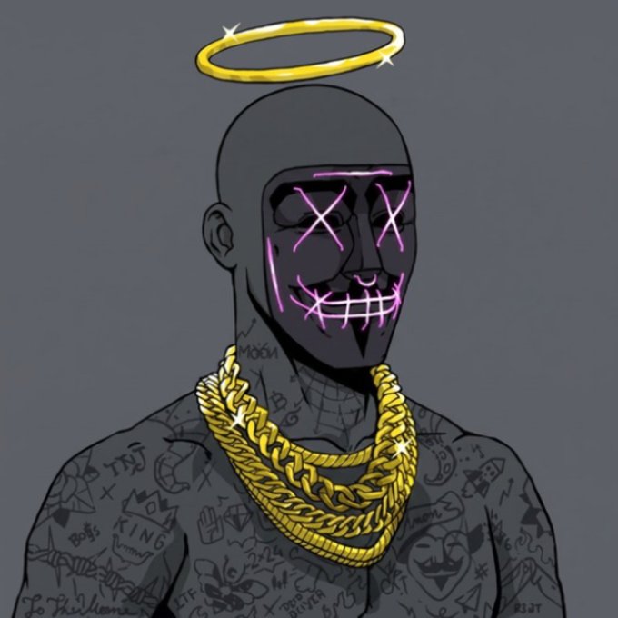 A bald, dark-skinned figure with a golden halo and neon pink X's over his eyes and stitched mouth wears thick gold chains, symbolizing the anonymous trader's commitment to remaining hairless until $INJ reaches $7. The "KING" tattoo and streetwear tattoos reinforce the bold, confident stance tied to holding the Injective token.