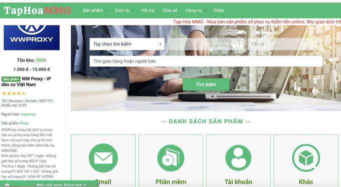 A screenshot of the Tạp Hóa MMO website, a Vietnamese online marketplace, showing the WWProxy seller's page with a green navigation bar and product categories including Email, Phần mềm (Software), Tài khoản (Accounts), and Khác (Other).