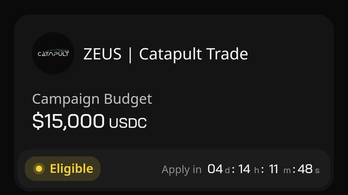 A dark-themed card displays the ZEUS | Catapult Trade campaign by Catapult, featuring a $15,000 USDC campaign budget, an "Eligible" badge, and a countdown timer showing 4 days, 14 hours, 11 minutes, and 48 seconds remaining to apply—matching the post's promotion of Wallchain's new campaign opportunity.