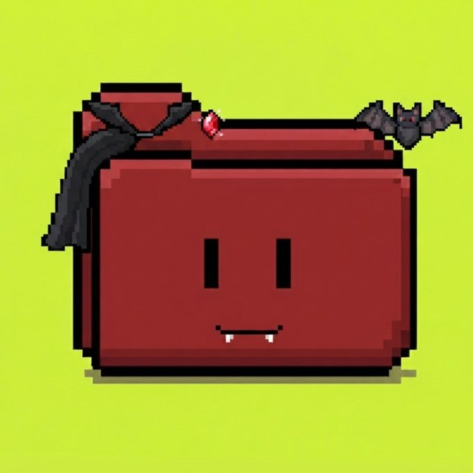 Pixel art illustration of a red box-shaped character with fangs, a black cape, and a small bat flying above it on a bright green background.