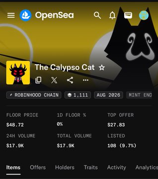 An OpenSea mobile app screenshot displays 'The Calypso Cat' NFT collection on Robinhood Chain, showing a floor price of $48.72, 1,111 items, and a top offer of $27.83.