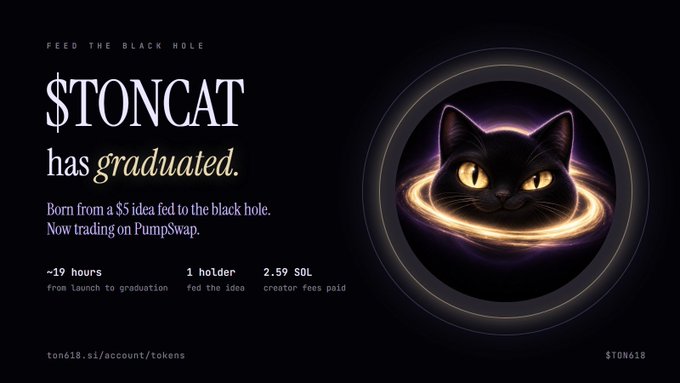Promotional graphic for '$TONCAT' cryptocurrency announcing it 'has graduated,' with text stating 'Feed the black hole,' 'Born from a $5 idea fed to the black hole. Now trading on PumpSWAP,' and stats like '1 holder,' '2.59 SOL creator fees paid,' and '~19 hours from launch to graduation,' alongside a glowing-eyed black cat illustration.