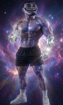 The image features a muscular man with black shorts, standing against a backdrop of stars and planets. The man has a serious expression on his face as he poses for the photo. Below him, there are two dollar signs floating in space, which seem to be part of an advertisement or promotional material related to the post.
