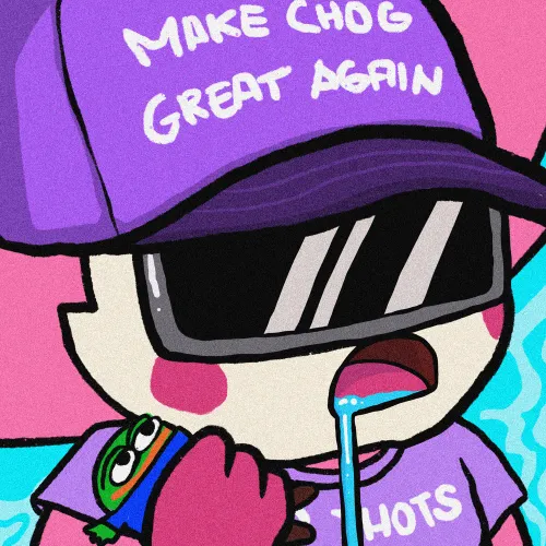 A cartoon character wears a purple cap reading "MAKE CHOG GREAT AGAIN," oversized black sunglasses, and a shirt displaying the "HOTS" logo, while drooling as it drinks a blue slushie. The image plays on the "drool gang" meme by depicting the character literally drooling over the icy beverage, visually embodying the post's playful slang.
