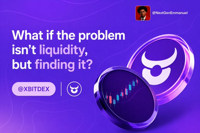 A purple promotional graphic features the text "What if the problem isn't liquidity, but finding it?" alongside the handle "@XBITDEX" and a bull logo, with a 3D coin displaying a candlestick chart. The image ties into the post's theme by highlighting that crypto's real challenge isn't lack of liquidity, but rather the fragmentation that makes it hard for traders to locate the right markets across spot, perps, and tokenized assets.