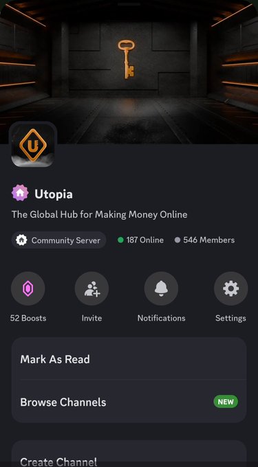 A screenshot of a Discord server called 'Utopia - The Global Hub for Making Money Online' with 187 online users and 546 members, showing options for Boosts, Invite, Notifications, and Settings.