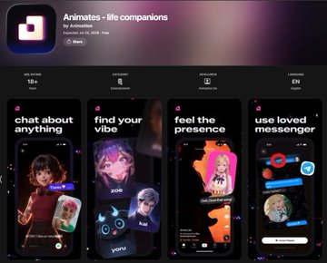 The image shows an App Store listing for "Animates - life companions" by Animates AI, released on April 30, 2024, featuring four mobile app screenshots that highlight "Chat about anything," "Find your vibe," "Feel the presence," and "Use loved messenger" functionalities, displaying animated AI character interfaces.

The accompanying post references wallet address "0x36f30ab7558cfc316e9998b9e22ba0296f0b8b17" and suggests this could be Robinhood's first Musk-related narrative, though the image itself shows an AI companion app unrelated to Robinhood or Musk.