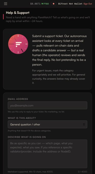The image shows a smartphone screen displaying a webpage from an online platform called "FlareWatch". The webpage, which appears to be a Help & Support page for the platform, has several questions related to common issues users may encounter while using the site. It also provides options for users to report their experiences with the platform. The background of the image is black, which contrasts with the white text and highlights the content on the screen.