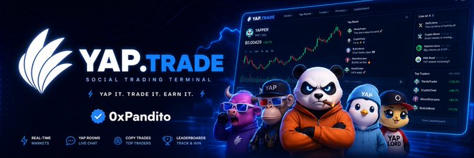 A promotional banner for YAP.TRADE, a social trading terminal, featuring cartoon characters and a trading interface with the text "YAP IT. TRADE IT. EARN IT." and "0xPandito".