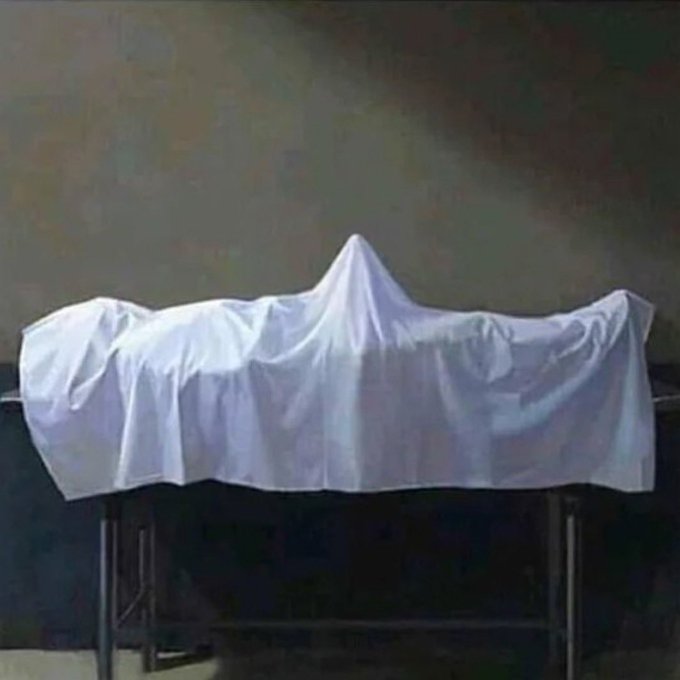 A still-life painting of a white draped cloth over a table, creating a peaked, ghost-like form against a muted gray-brown background.