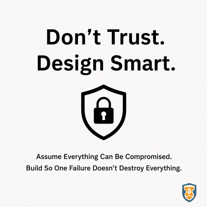 A minimalist black-and-white security poster with the text 'Don't Trust. Design Smart.' above a shield and padlock icon, followed by 'Assume Everything Can Be Compromised. Build So One Failure Doesn't Destroy Everything.' with a small shield logo in the corner.