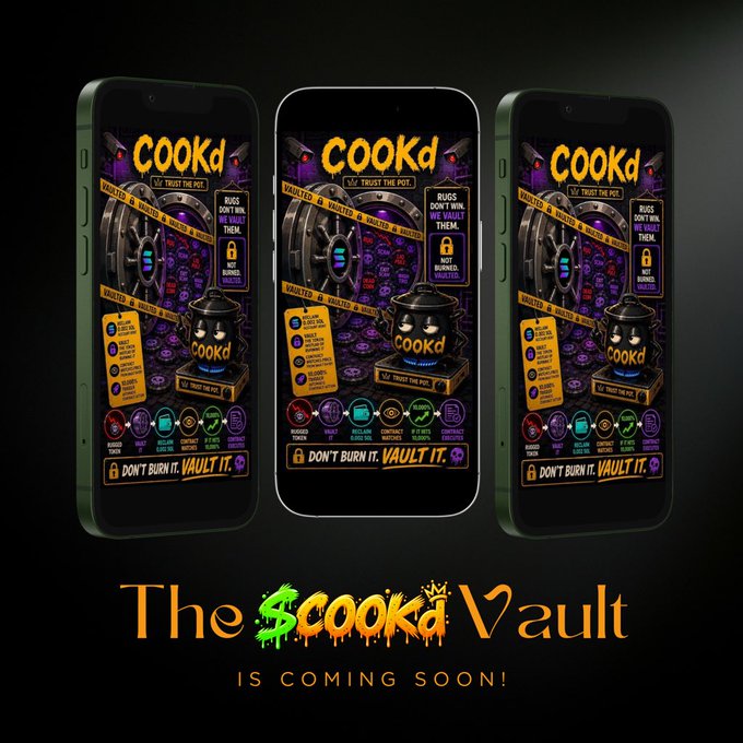 A promotional graphic showing three smartphones displaying the 'COOKd' app interface with a vault/safe theme, with text 'The $COOKd Vault IS COMING SOON!' featuring purple and gold graphics.