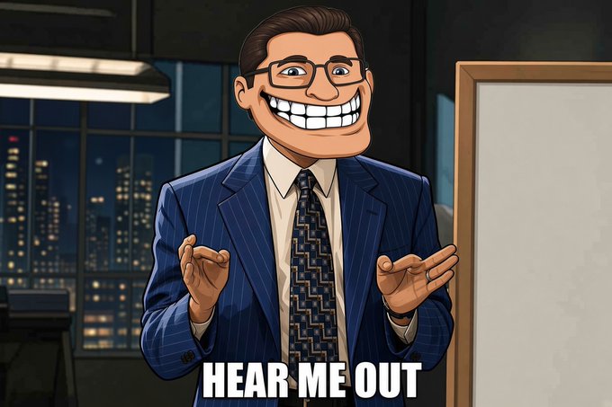 A smiling cartoon man in a suit stands in an office with a whiteboard, captioned "HEAR ME OUT" to grab attention before pitching Qubic's new BTC price predictor and inviting users to join their Discord trading group.