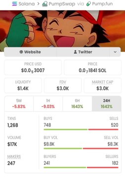A cryptocurrency trading interface showing a Solana/PumpSwap token via Pump.fun with price data including $0.3007, market cap $3.0K, and 24H change of 16.43%.