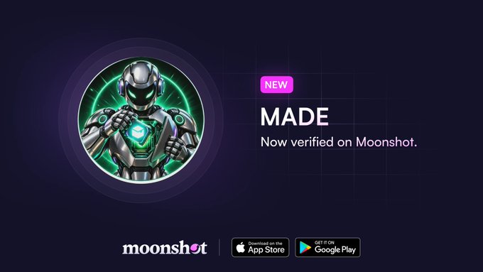 A futuristic silver-armored robot mascot with a glowing green chest emblem is displayed in a circular frame against a dark purple background, alongside text announcing "MADE — Now verified on Moonshot," with a "NEW" badge and App Store/Google Play download buttons below. The image serves as a promotional graphic highlighting that the SelfMade ($MADE) token by SP3ND has been officially verified on the Moonshot platform.