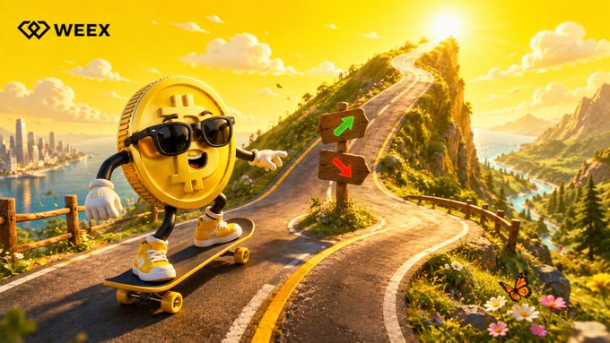 Promotional image for WEEX featuring a cartoon Bitcoin coin character wearing sunglasses and riding a skateboard along a winding mountain road.
