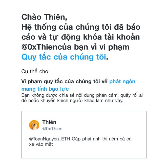 A Vietnamese-language notification from a social media platform informing user @0xThien that their account was locked for violating rules regarding violent speech.