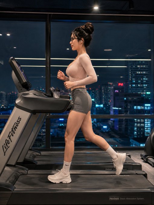 A woman in a beige long-sleeve crop top, gray shorts, and white Nike sneakers runs on a Life Fitness treadmill with a cityscape visible through the window behind her.