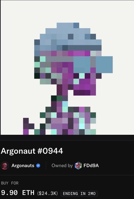 An NFT listing for "Argonaut #0944" from the Argonauts collection owned by FDd9A, displayed as a pixelated purple and blue figure, priced at 9.90 ETH ($24.3K) with 2 months remaining.