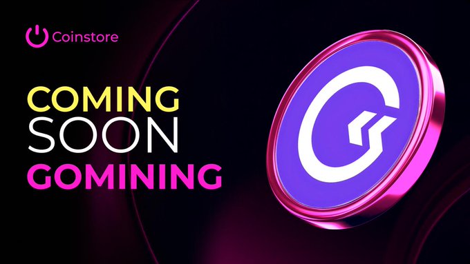 The image features a purple coin with an arrow pointing towards it, which is the main focus of the image. The background of the image is black, making the purple coin stand out prominently. Below the coin, there's text that reads "Coming Soon GOMINING" and "Official Website". This suggests that the coin is about to be released or has recently been released, and it can be found on Coinstore Stay tuned for more details.