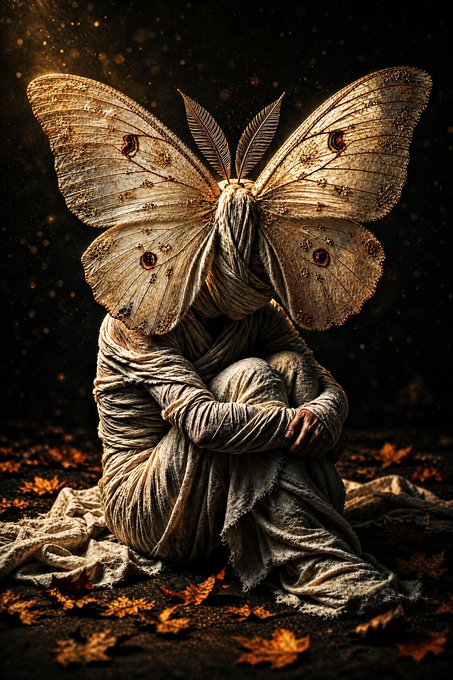 A surreal artistic image of a figure wrapped in cloth with large, moth-like wings, sitting on the ground surrounded by autumn leaves.
