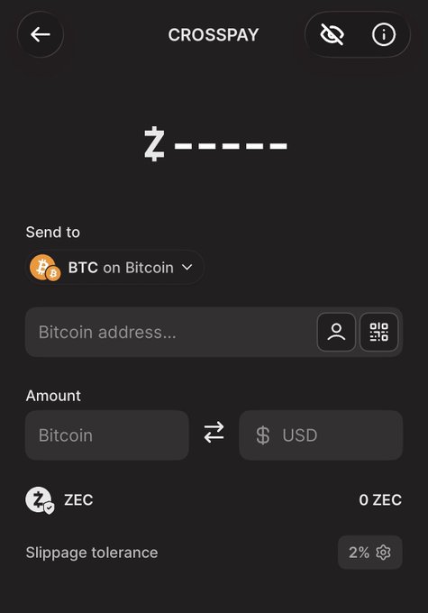 A "CROSSPAY" interface shows sending a masked amount (Z ₿----) to a "BTC on Bitcoin" address, with ZEC balance at "0 ZEC" and slippage tolerance at "2%". The screen visually demonstrates the post's concept of privately spending shielded ZEC while the recipient receives BTC, without exposing the sender's wallet.