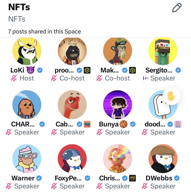 The image shows a list of various characters or people with different names and descriptions, all related to the concept of NFTs (Non-Fungible Tokens). The post appears to be about the NFT community and their involvement on social media platforms like Twitter.