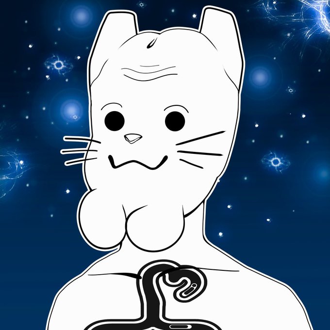A cartoon illustration of a white cat-like character with a wide smile against a dark blue, starry cosmic background.