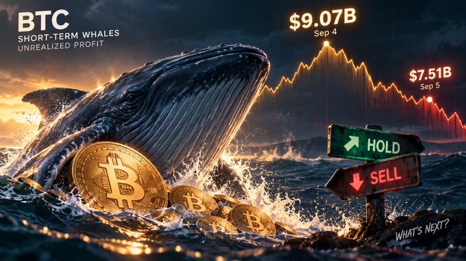 Cryptocurrency graphic titled "BTC SHORT-TERM WHALES UNREALIZED PROFIT" showing a whale breaching ocean waves with Bitcoin coins, displaying $9.07B (Sep 4) and $7.51B (Sep 5) figures alongside HOLD and SELL directional signs.