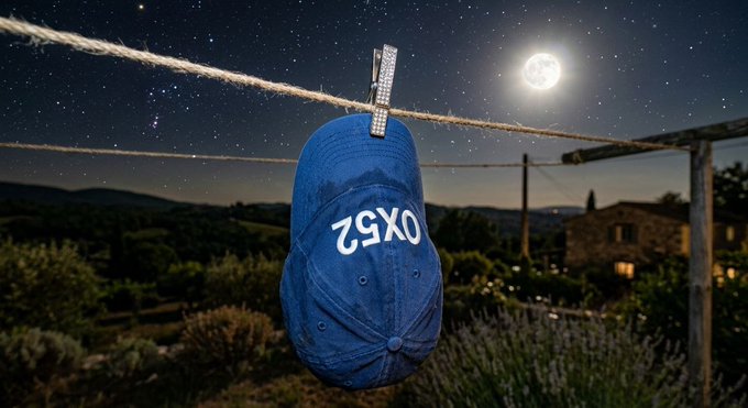A blue baseball cap with '2SXO' written on it, hanging from a clothesline by a clothespin against a starry night sky with a full moon and a rural landscape.