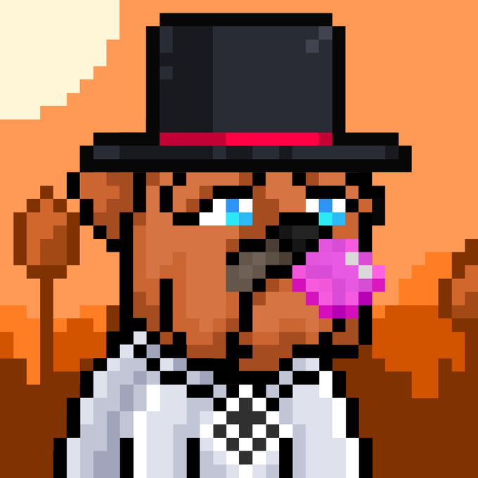 A pixel art portrait of a brown bear wearing a black top hat with a red band and a white patterned shirt, holding a pink flower against an orange background.