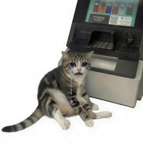 A crying kitten with watery eyes sits on a white surface next to what appears to be a self-service kiosk or payment machine with a digital screen.