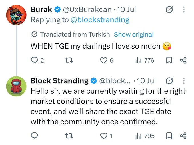 A Twitter exchange shows @0xBurakcan asking about the TGE date, with Block Stranding replying they are waiting for the right market conditions.