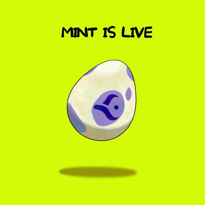 A speckled purple and white egg floats above a soft shadow on a bright yellow-green background, with the bold text "MINT IS LIVE" displayed at the top. The whimsical egg imagery visually represents the launch of the SKERB NFT mint, reinforcing the post's announcement that the GTD phase has officially opened on OpenSea.