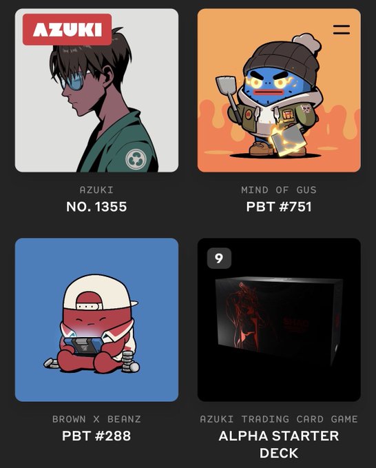 Mobile app interface displaying Azuki NFT collection items including Azuki No. 1355, Mind of Gus PBT #751, Brown x Beanz PBT #288, and the Alpha Starter Deck.